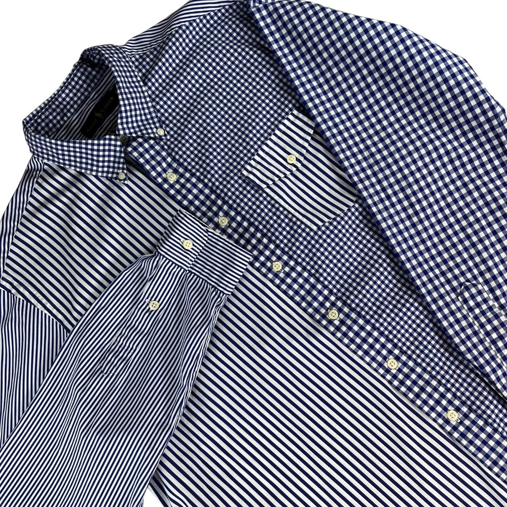 Ralph Lauren Button Down Shirt Mens XL Blue Mixed Stripe Gingham Preppy Cotton